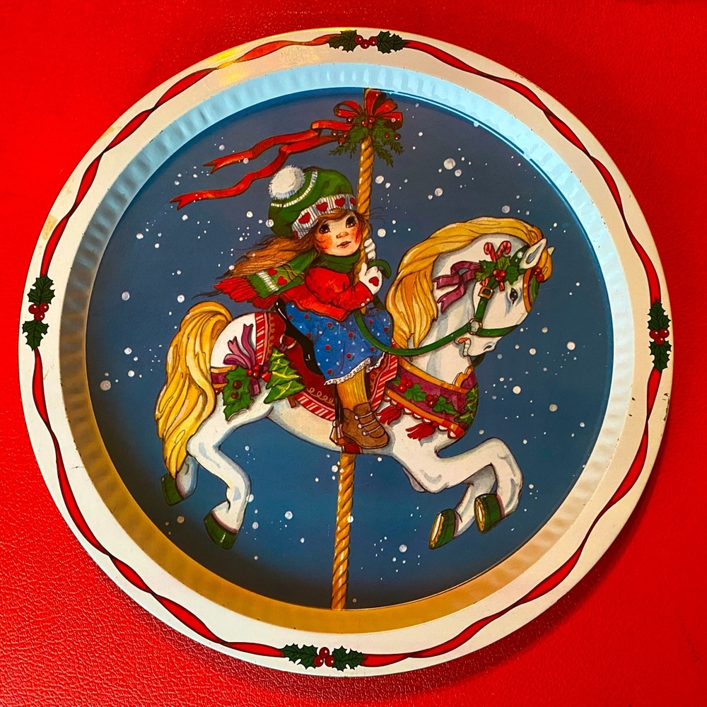 Vintage Holiday Christmas Carrousel Horse & Girl tray